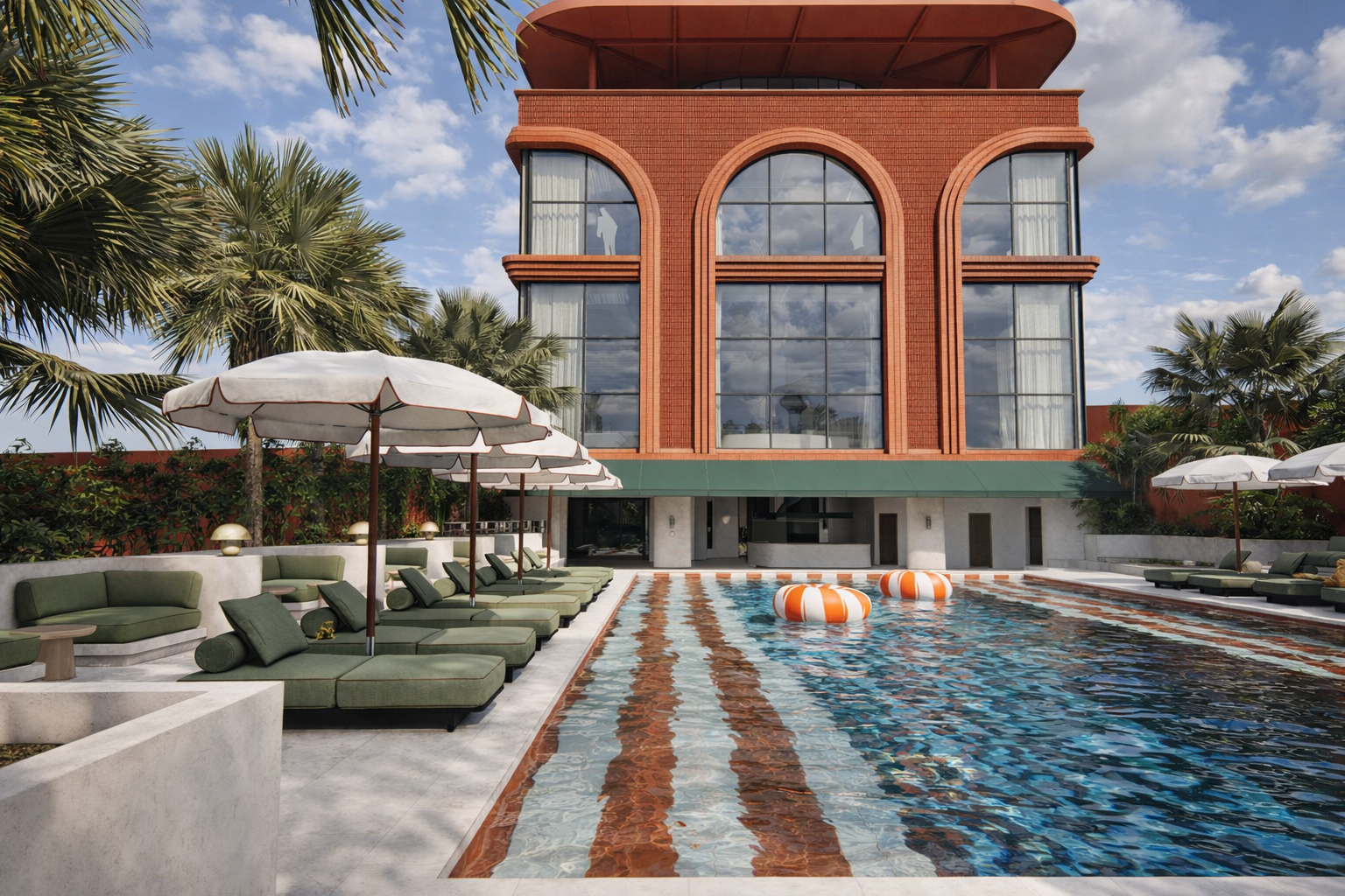 Architectural visualisation of House of Kairos, showing its brick facade, pool and tropical planting